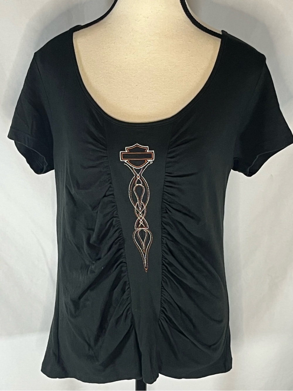 Harley Davidson Large Alefs Wichita KS Ruched Front Scoop Neck Women’s Shirt L